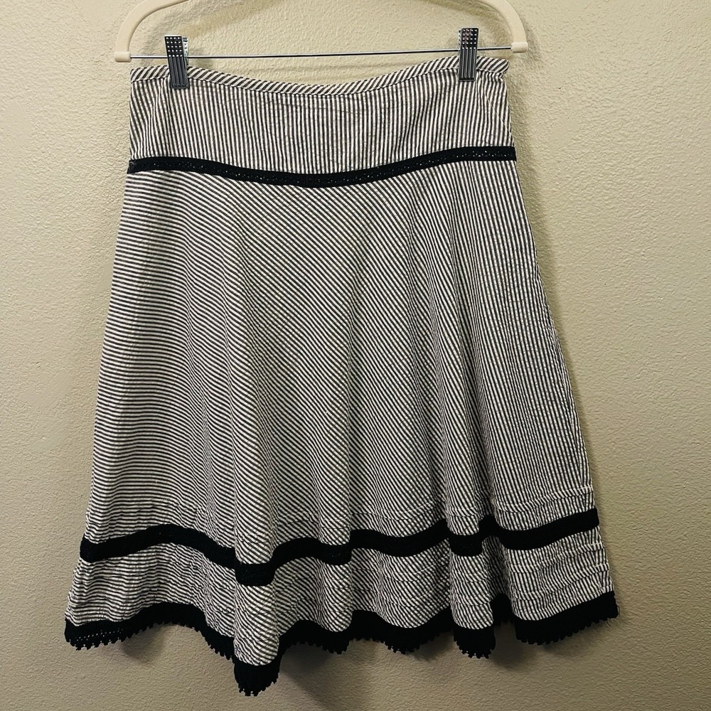 Merona Striped Cotton Midi Skirt Crochet Lace Trim Gray White Resort Summer Sz 2
